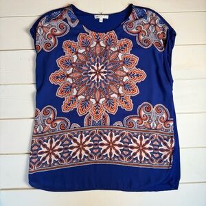 DR2 by Daniel Rainn Mandala Medallion Cap Sleeve Top Cobalt Blue Orange Large